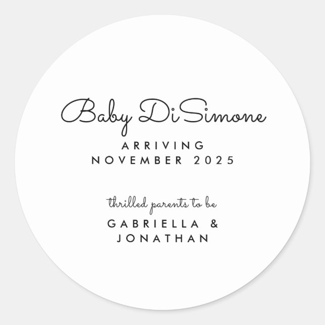 Minimal Black White Script Pregnancy Announcement  Classic Round Sticker (Front)