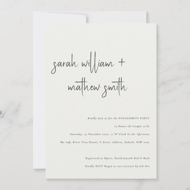 Minimal Black & White Script Typography Engagement Invitation (Front)