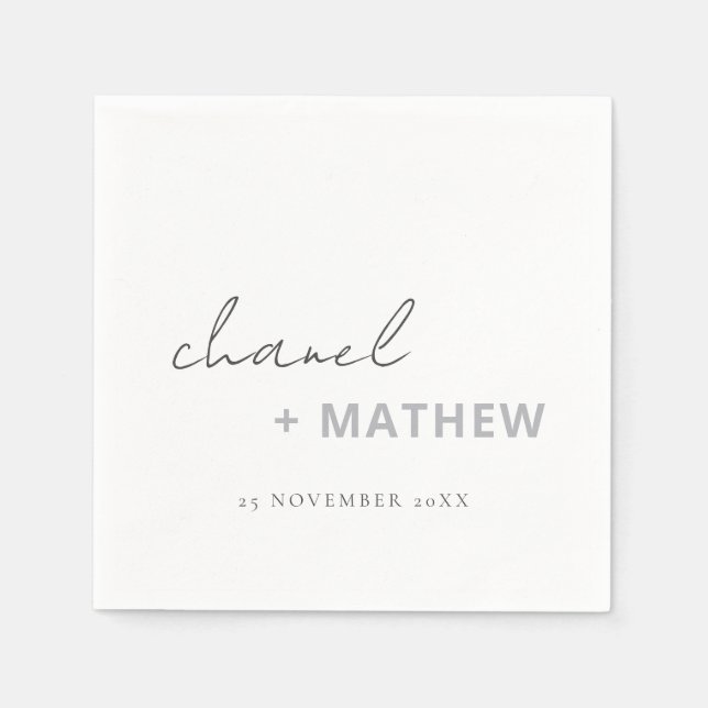 Minimal Black White Script Typography Wedding Napkins (Front)