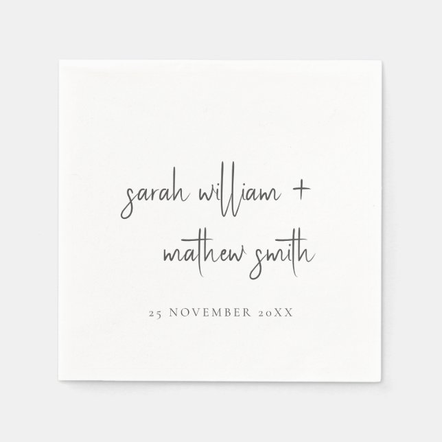 Minimal Black White Script Typography Wedding Napkins (Front)