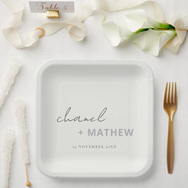 Minimal Black White Script Typography Wedding Paper Plates (Wedding)