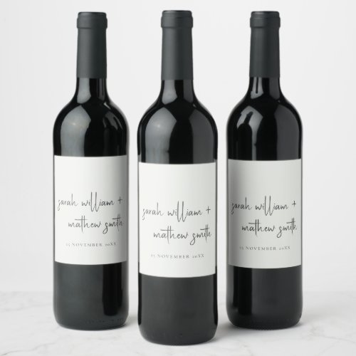 Minimal Black White Script Typography Wedding Wine Label