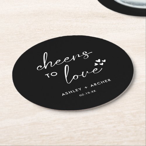  Minimal Black White Script Wedding Cheers to Love Round Paper Coaster