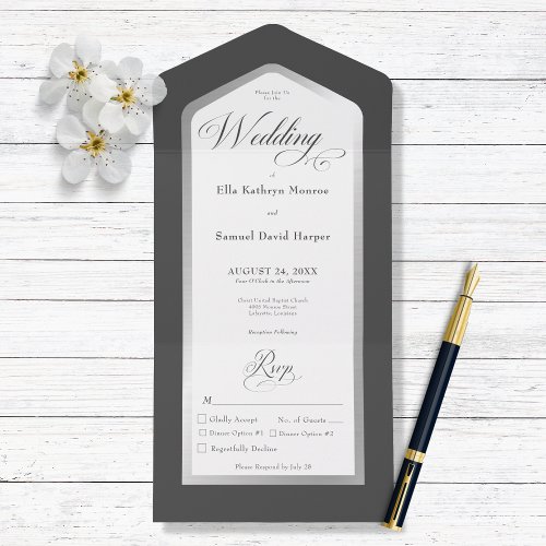 Minimal Black  White Silver Modern Dinner All In One Invitation