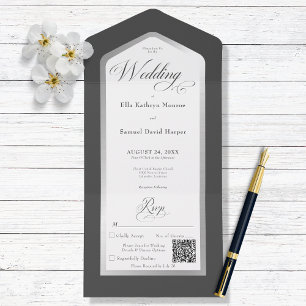 Minimal Black & White Silver Modern QR Code All In One Invitation