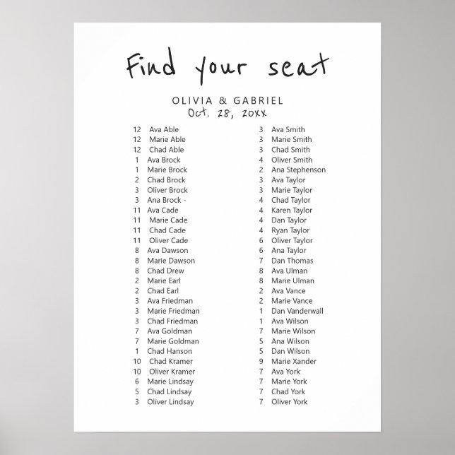 Minimal black white. Stylish Wedding Seating Chart (Front)