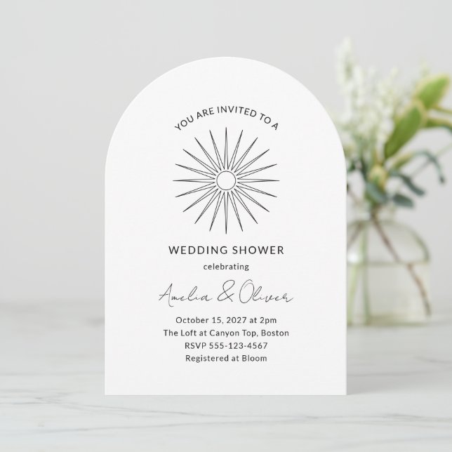 Minimal Black White Sunburst Lines Wedding Shower Invitation (Standing Front)