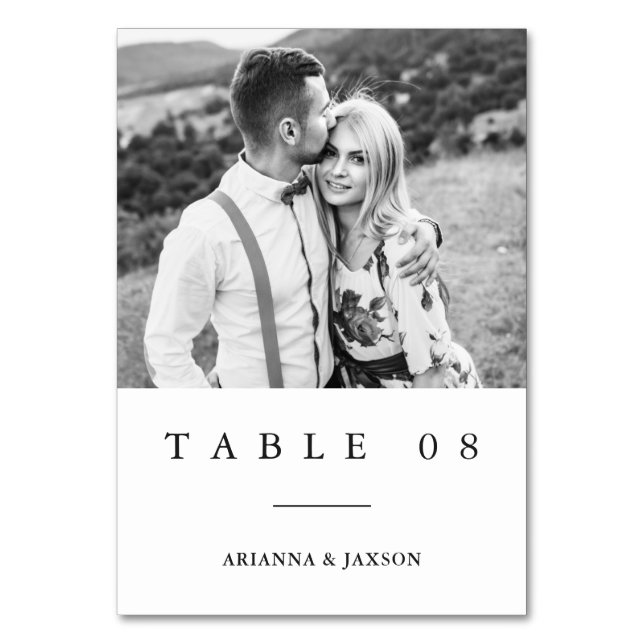 Minimal Black White Typography Photo Wedding Table Number (Front)
