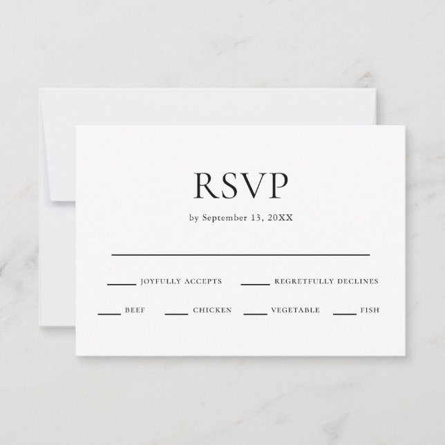 Minimal Black & White Wedding Meal Choice RSVP Card (Front)