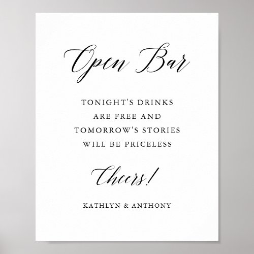 Minimal Black  White Wedding Open Bar Sign