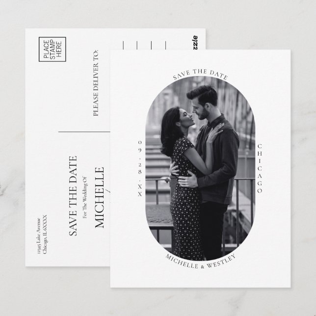 Minimal Black & White Wedding Photo Save the Date Postcard (Front/Back)