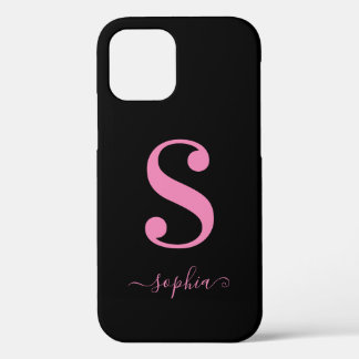 Minimal Black with Pink Monogram Script Name iPhone 12 Case