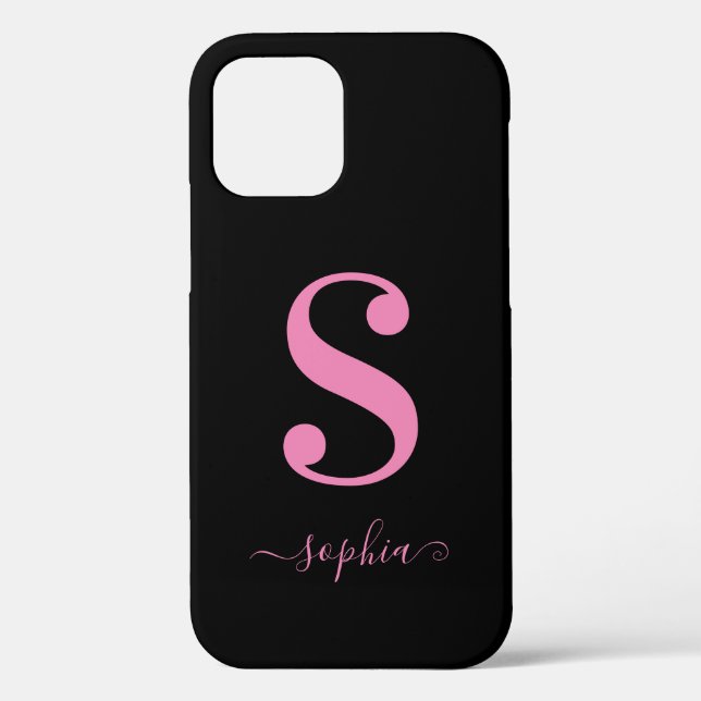 Minimal Black with Pink Monogram Script Name Case-Mate iPhone Case (Back)