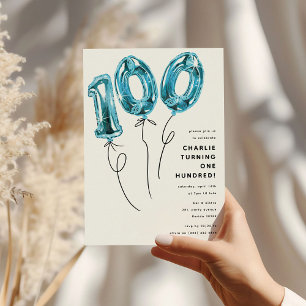 Minimal Blue 100 Balloon 100th Birthday Party Invitation