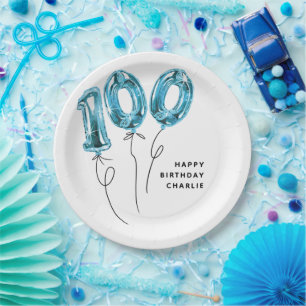 Minimal Blue 100 Balloon 100th Birthday Party Paper Plates