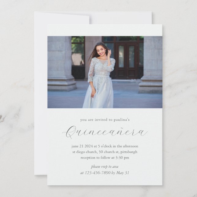 Minimal Blue 15 Years Birthday Quinceañera Photo Invitation (Front)