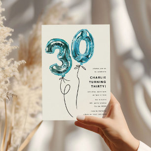 Minimal Blue 30 Balloon 30th Birthday Party Invitation