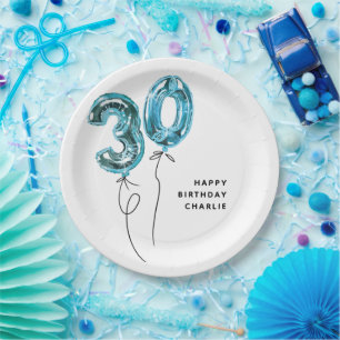 Minimal Blue 30 Balloon 30th Birthday Party Paper Plates