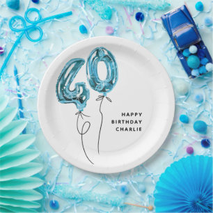 Minimal Blue 40 Balloon 40th Birthday Party Paper Plates