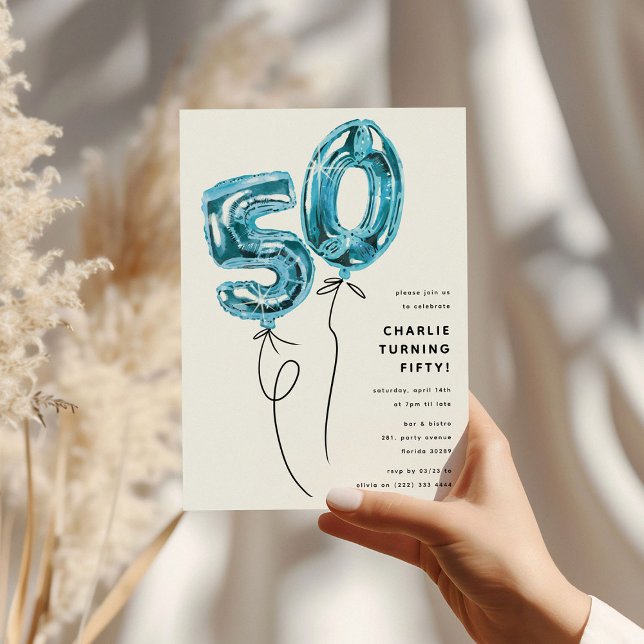 Minimal Blue 50 Balloon 50th Birthday Party Invitation (Creator Uploaded)