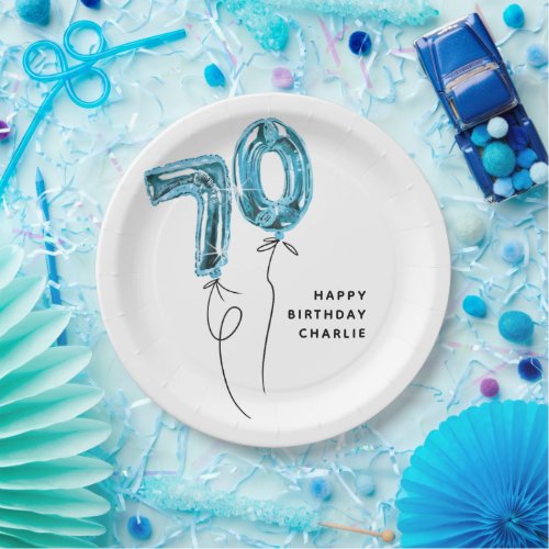 Minimal Blue 70 Balloon 70th Birthday Party Paper Plates