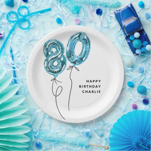 Minimal Blue 80 Balloon 80th Birthday Party Paper Plates