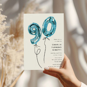 Minimal Blue 90 Balloon 90th Birthday Party Invitation