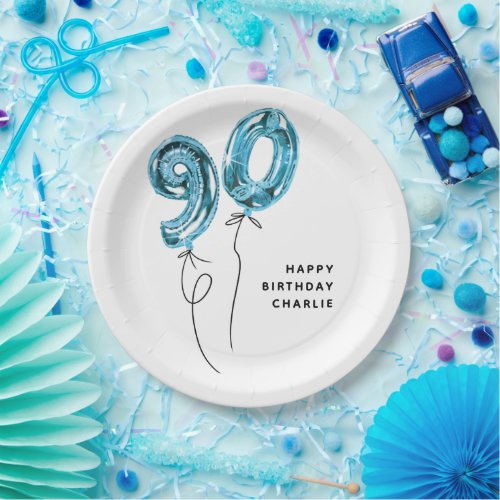 Minimal Blue 90 Balloon 90th Birthday Party Paper Plates