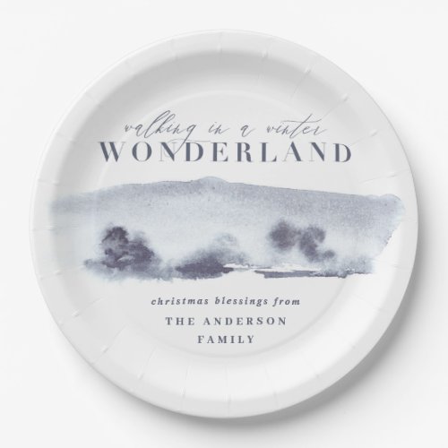 Minimal blue abstract watercolor Christmas party Paper Plates