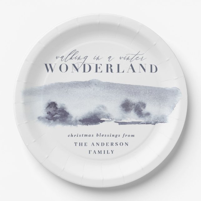 Minimal blue abstract watercolor Christmas party Paper Plates (Front)