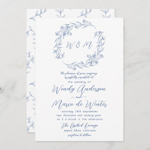 Minimal Blue and White Boho Botanical Wedding Invitation