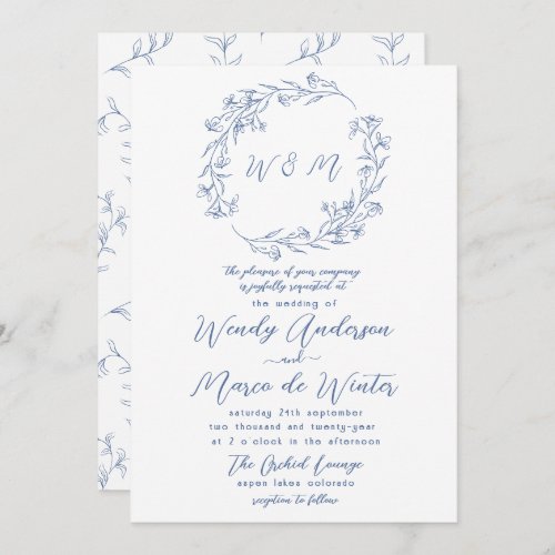 Minimal Blue and White Boho Botanical Wedding Invitation