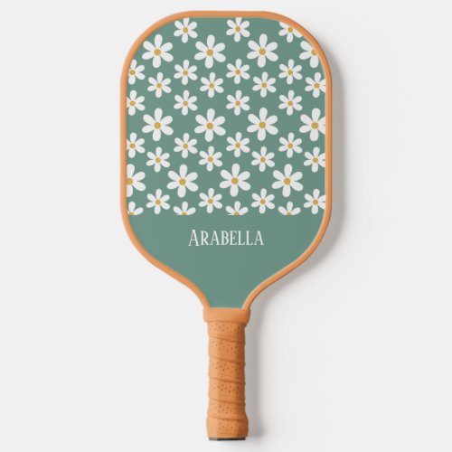 Minimal Blue and White Daisies Personalized Boho Pickleball Paddle