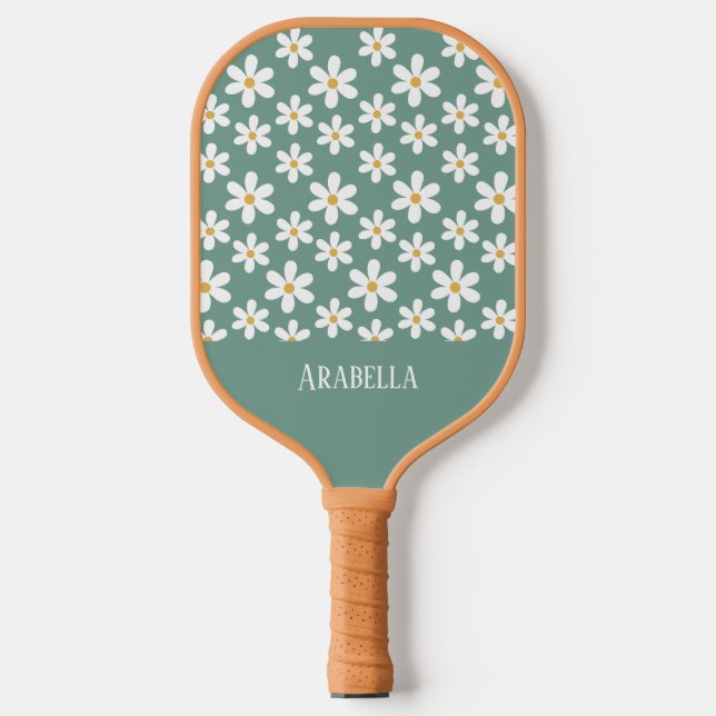 Minimal Blue and White Daisies Personalized Boho Pickleball Paddle (Front)