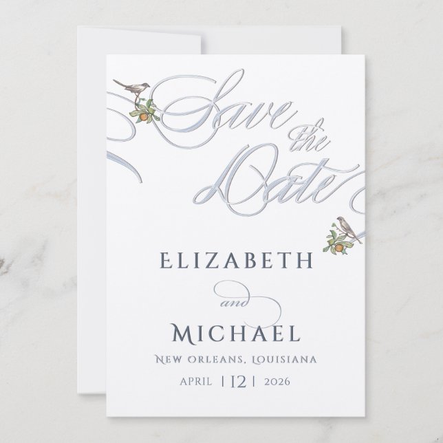 Minimal Blue and White Love Birds Save The Date Invitation (Front)