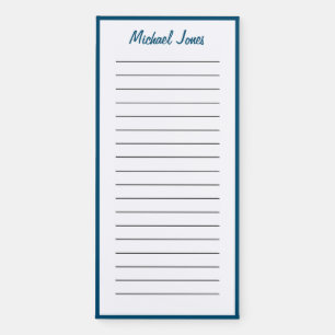 Minimal Blue and White Personalize Name Lined Magnetic Notepad