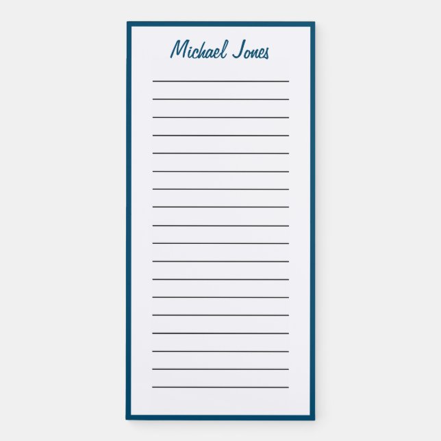 Minimal Blue and White Personalize Name Lined Magnetic Notepad (Front)