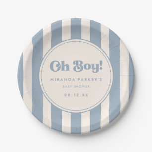 Minimal Blue & Beige "Oh Boy!" Striped Baby Shower Paper Plates