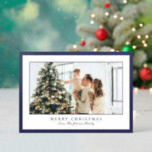 Minimal Blue Border Elegant Christmas Letterpress Photo Cards