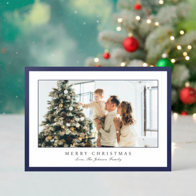 Minimal Blue Border Elegant Christmas Letterpress Photo Cards (Front (Into))