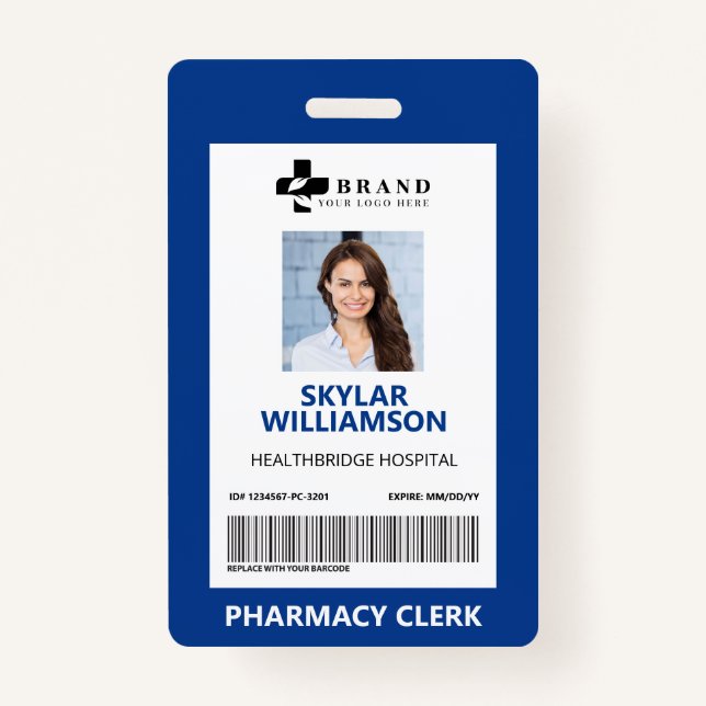 Minimal Blue Border Frame Medical Photo ID & Logo Badge (Front)