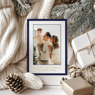Minimal Blue Border Photo Elegant Christmas Foil Holiday Card