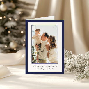 Minimal Blue Border Photo Elegant Christmas Holiday Card