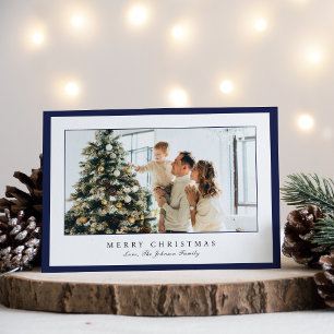 Minimal Blue Border Photo Elegant Christmas Holiday Card