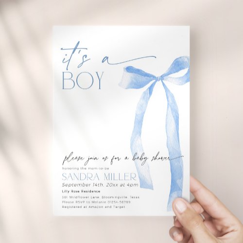 Minimal Blue Bow Baby Shower Invitation