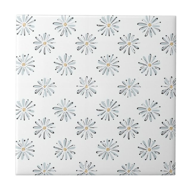 Minimal Blue Daisy Floral Ceramic Tile (Front)