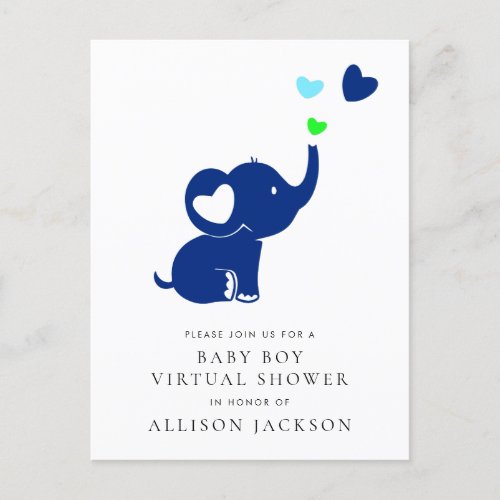 Minimal Blue Elephant Baby Boy Virtual Shower Invitation Postcard