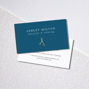Minimal Blue Faux Gold Scissors Hair Stylist Business Card by pro_business_card at Zazzle