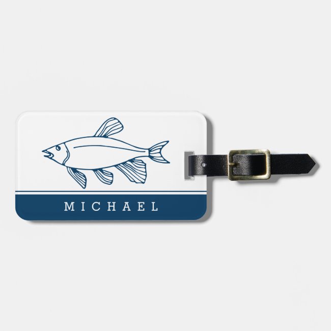 Minimal Blue Fish Illustration - Custom Nautical Bag Tag