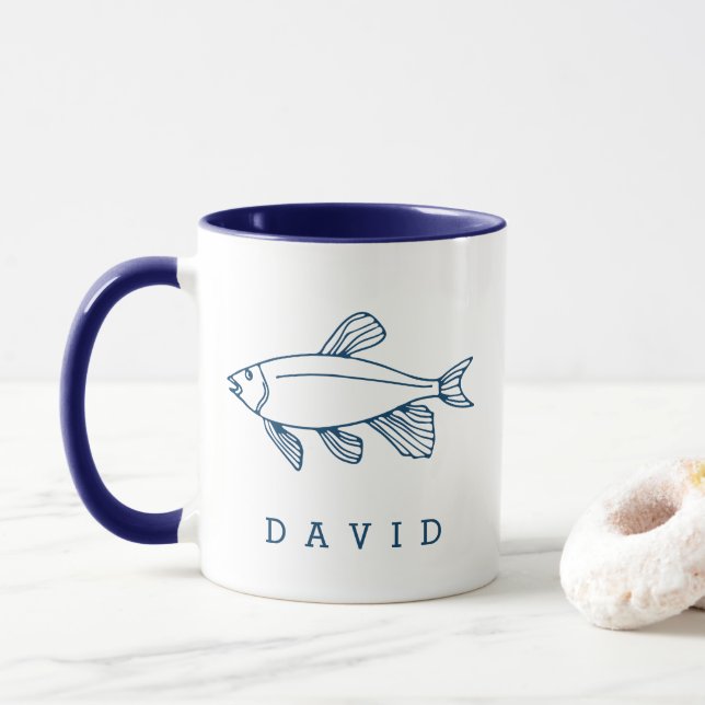 Minimal Blue Fish Illustration - Custom Nautical Mug (With Donut)